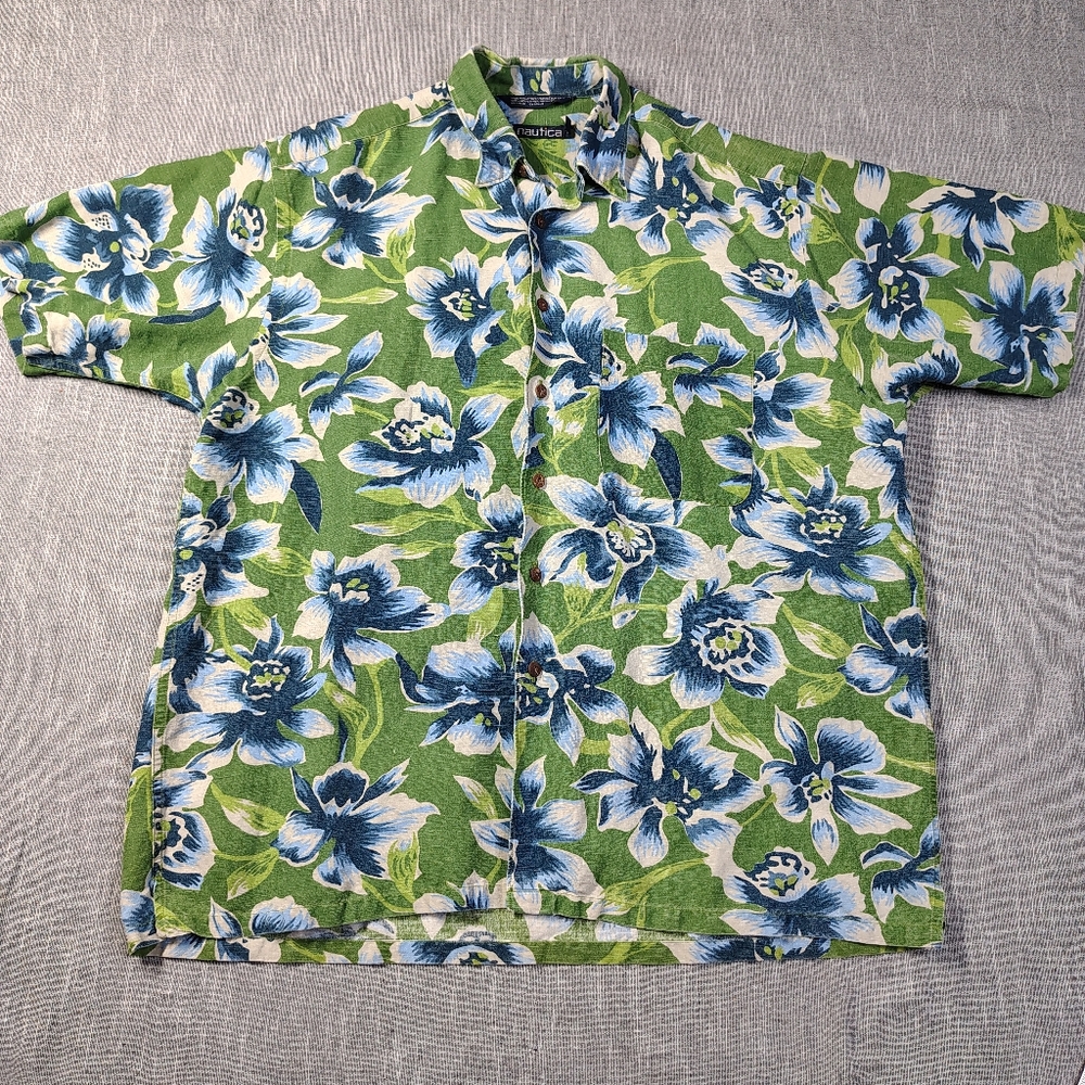 VINTAGE Nautica‎ Shirt Large Green Blue Tropical Linen Blend Short Sleeve Button
